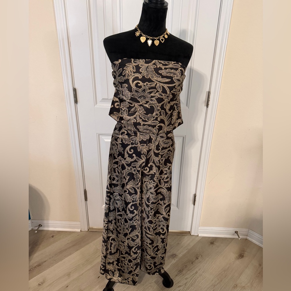 See You Monday Black Wide-Leg Pants & Strapless set with Gold Floral Print